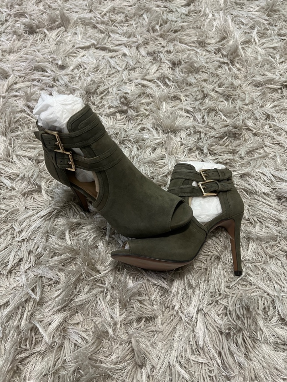 Michael Kors Olive Peep-Toe High Heel Ankle Booties with Gold Buckles